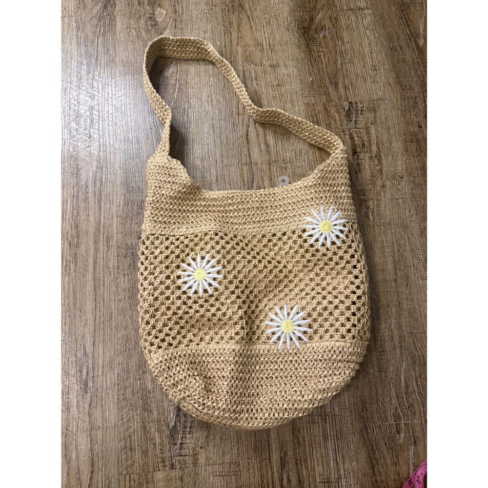 Art Class Straw Daisy Tote Bag Tan Woven Floral Boho Summer Handbag